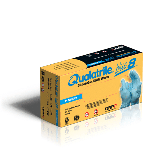 8BQP09 8 mil Qualatrile Blue Nitrile 9" Low Powder Gloves